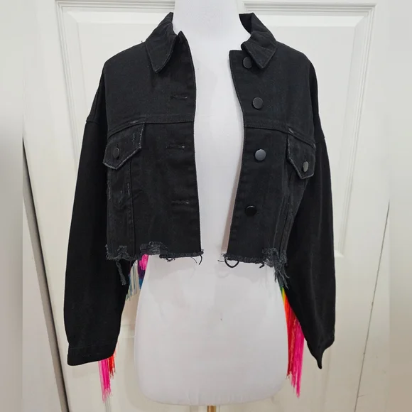 Dolls Kill Club Exx Rainbow Fringe Feel This Moment Black Denim Jacket Coat - Picture 2 of 9
